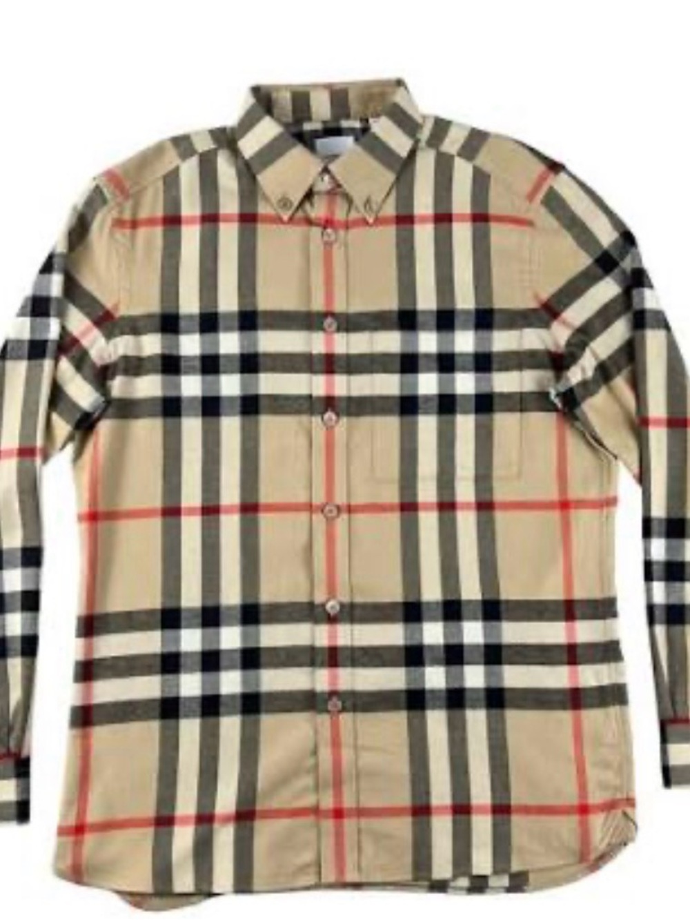 Burberry Tan Plaid Button-Down Shirt with Black, White and Red Stripes